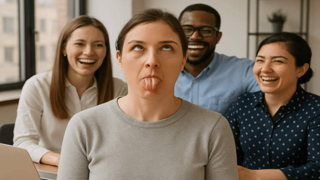 A woman making a silly face while her colleagues laugh