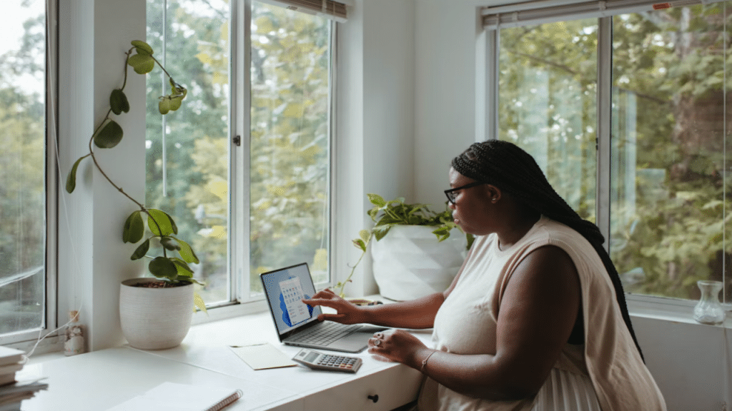 A woman in a pristine home office
