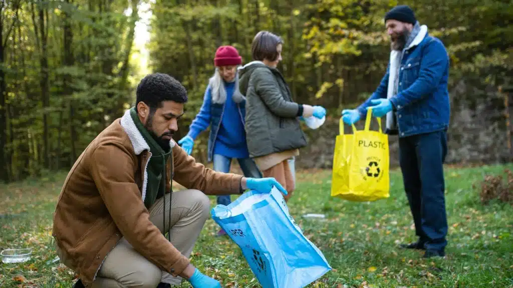 A man picking up trash during community service. 