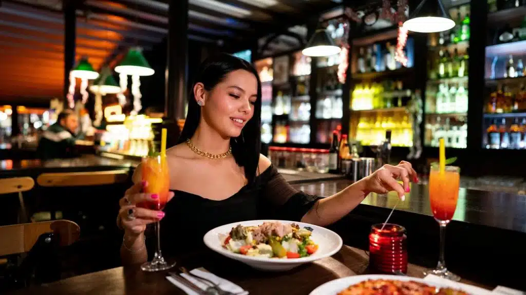 A woman dining at a restaurant while holding a cocktail and smiling at her meal.