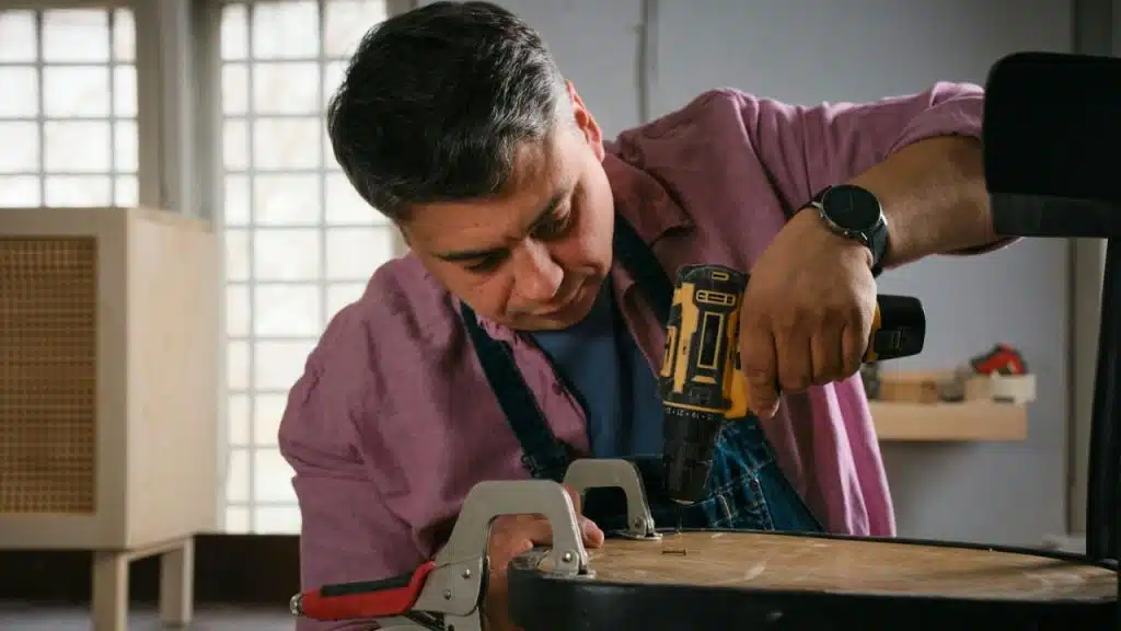 A man is concentrating while using a drill and clamps to fix a piece of furniture.