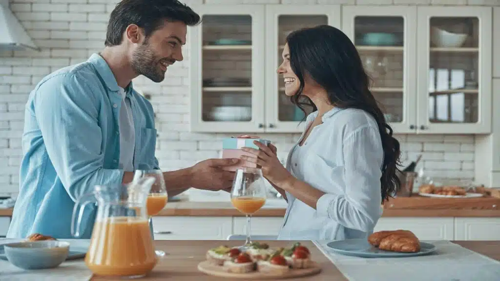 A man giving his wife a gift over breakfast
