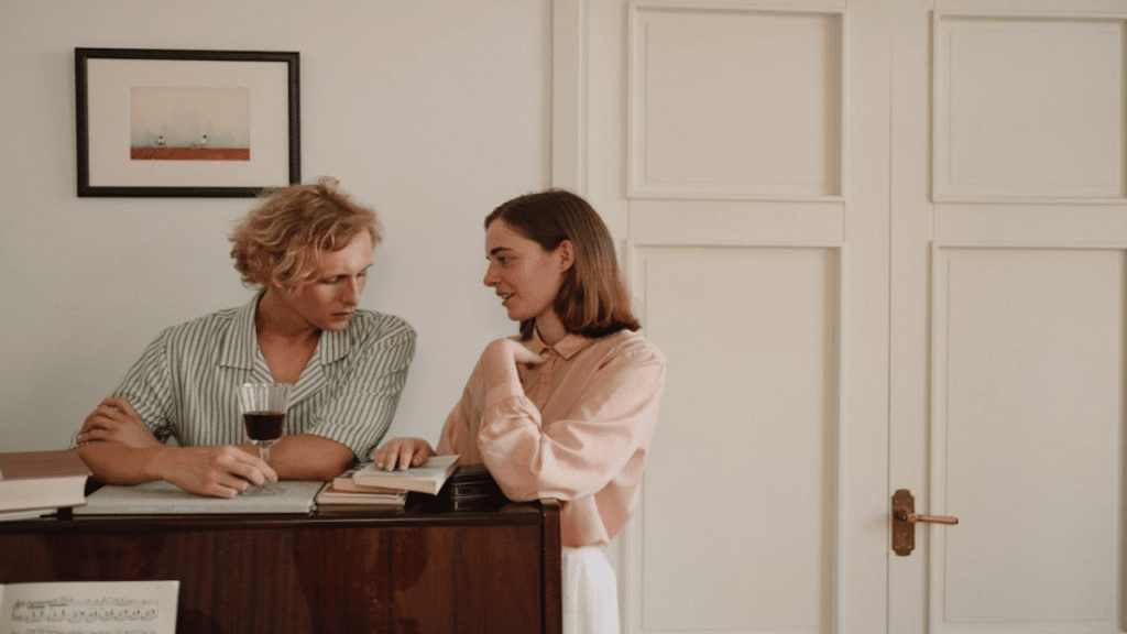 A couple talking at home