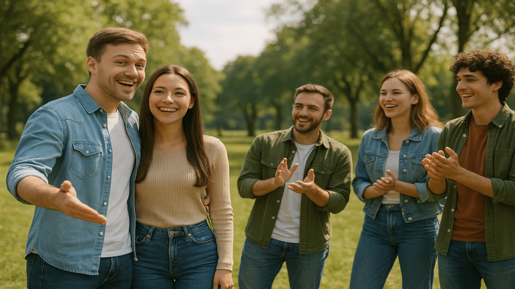 A man introducing his female friend to his other friends