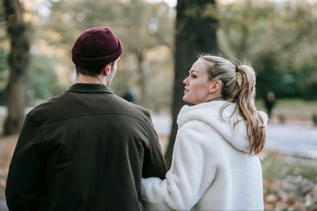 A man and woman talking