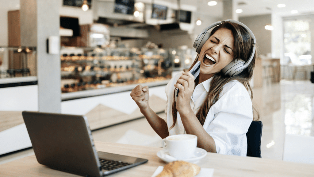 A woman looking happy while working