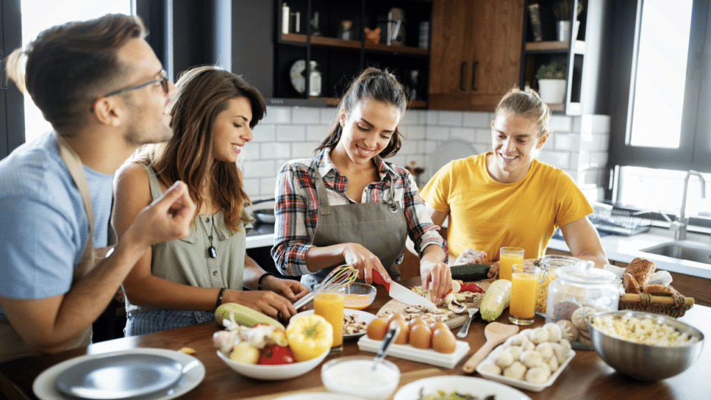 Friends preparing a meal together 