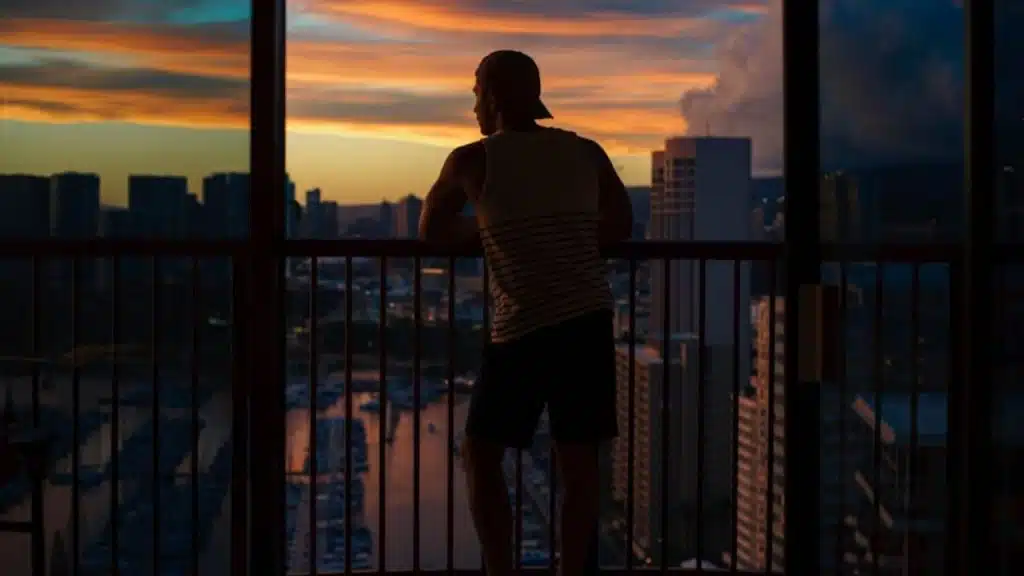 Man standing at sunrise overlooking a city skyline