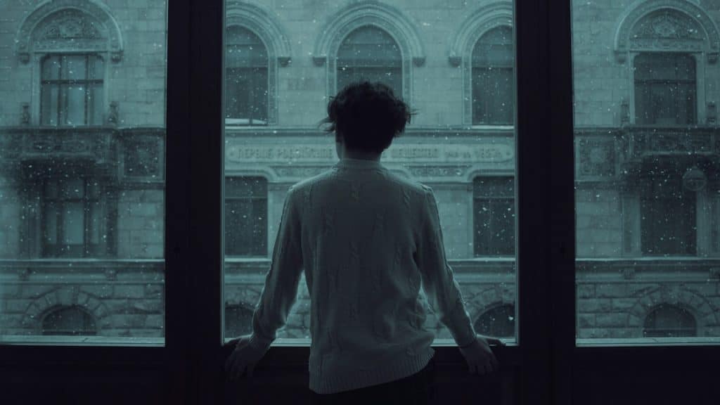 A man staring out of a window with his back to the camera.