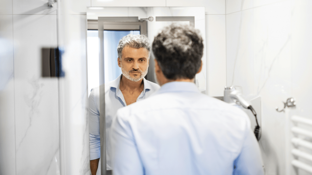 A man looking at himself in the mirror