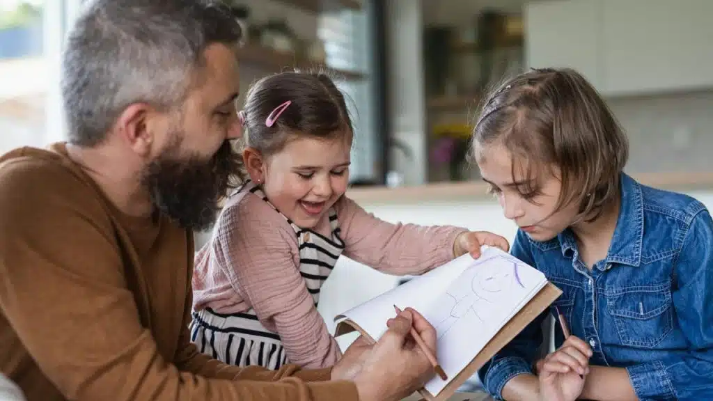 A bearded man draws with two young girls; the youngest is smiling brightly.