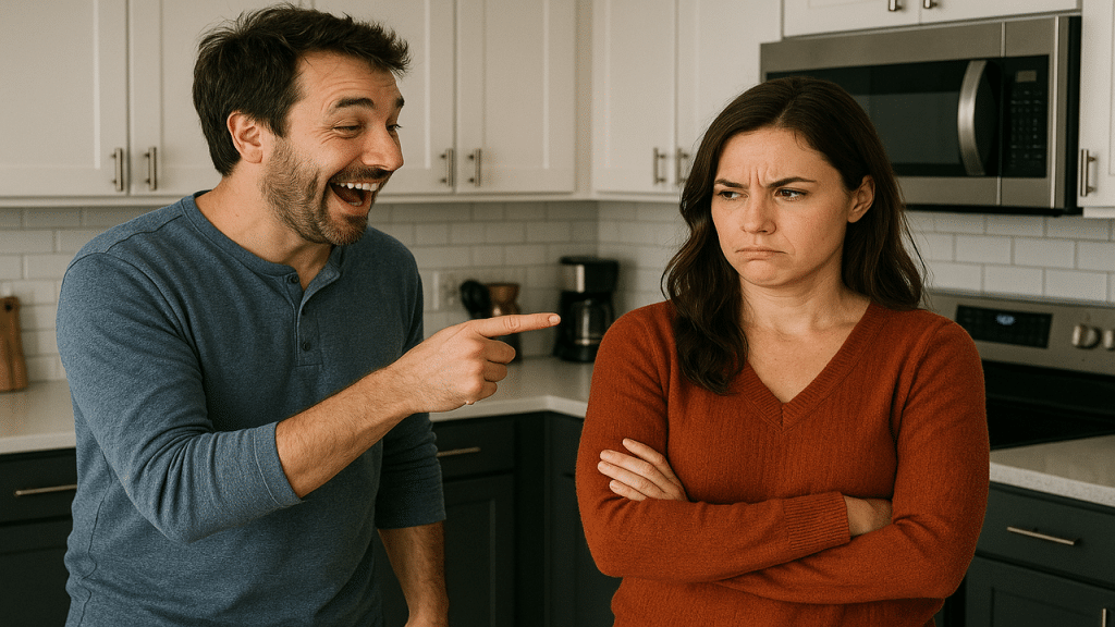 A man teasing his wife