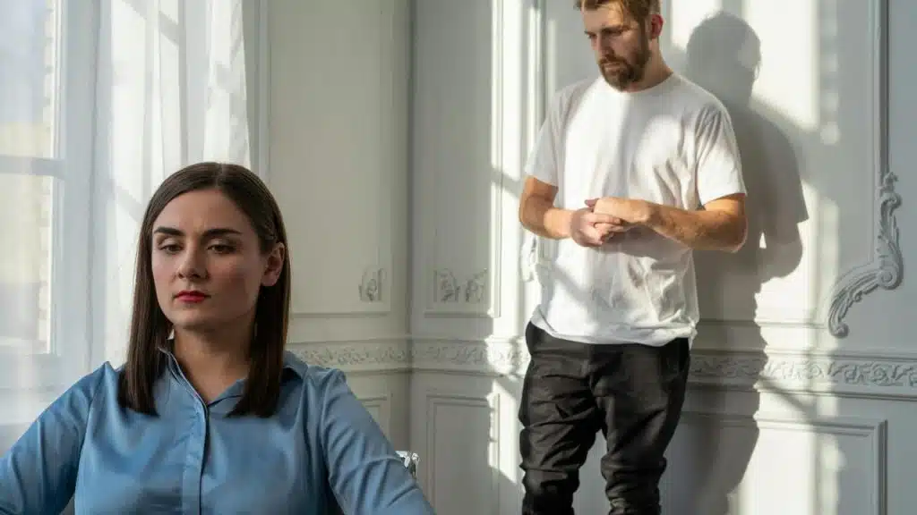 A woman sitting while a man stands in the background.