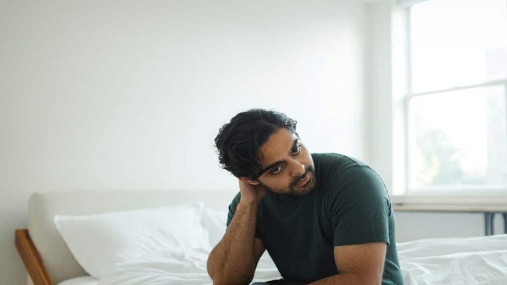 A man sitting on top of a bed in his bedroom.