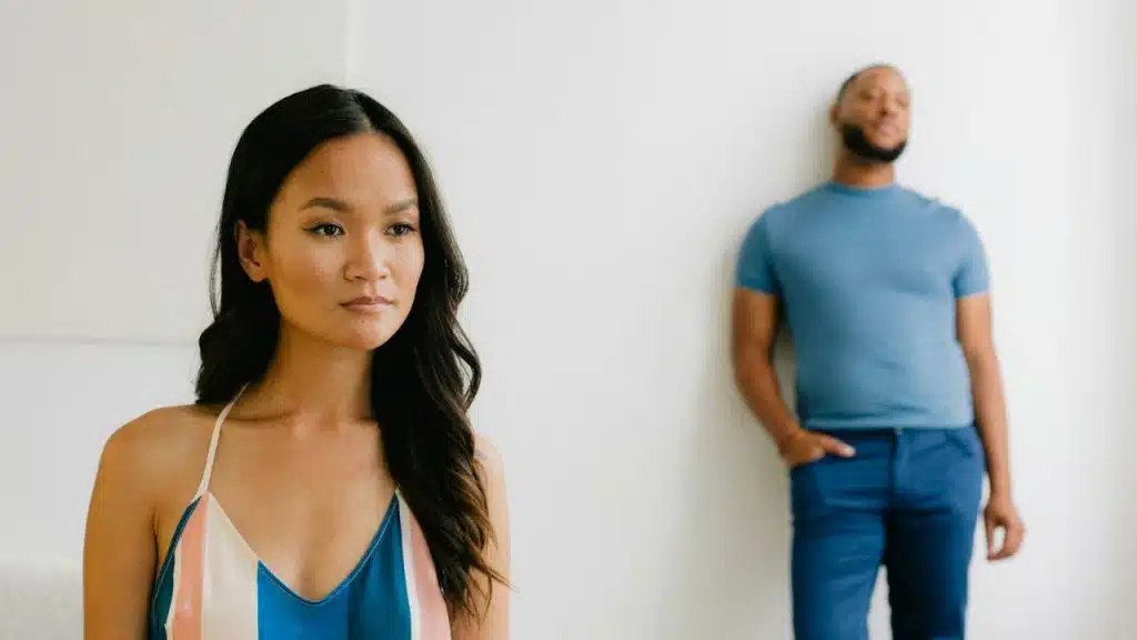 A woman in a striped top looks forward while a man in blue stands blurred in the background.