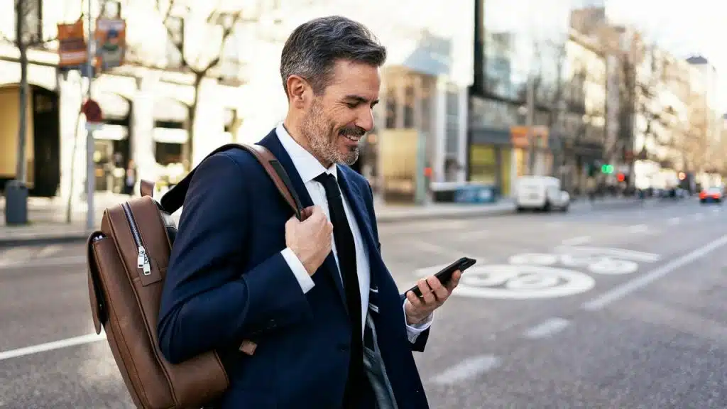 A man in a suit carrying a backpack and smiling while looking at his phone on the street.