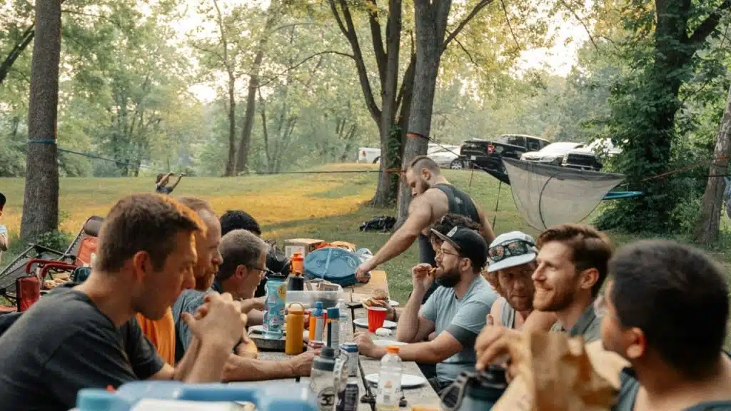 A group of male friends are eating together at a picnic table in a sunny park.