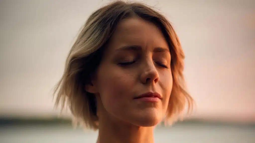 A mature woman with her eyes closed.