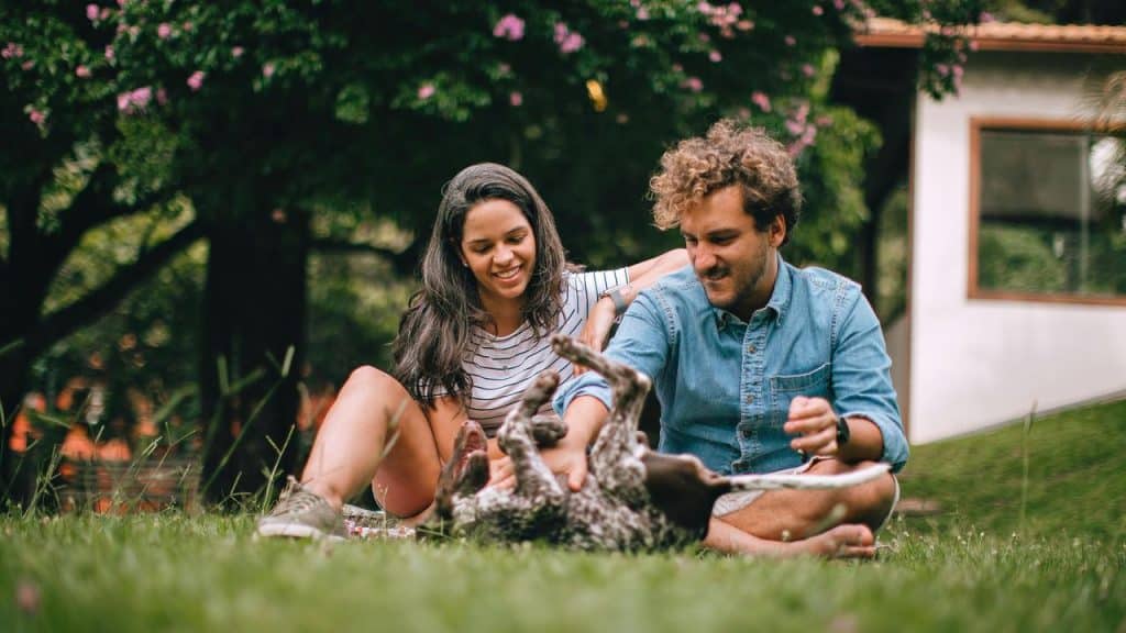A couple sitting on the grass playing with a dog.