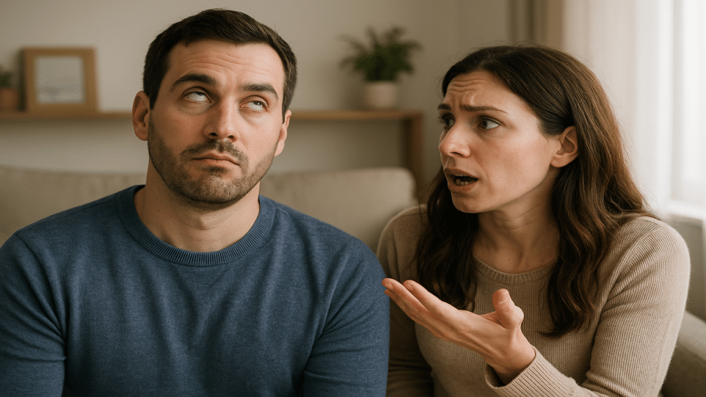 A man rolling his eyes at his wife