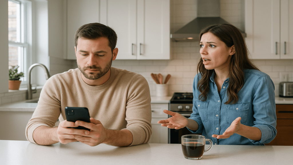 A man using his phone while his wife tries to talk to him