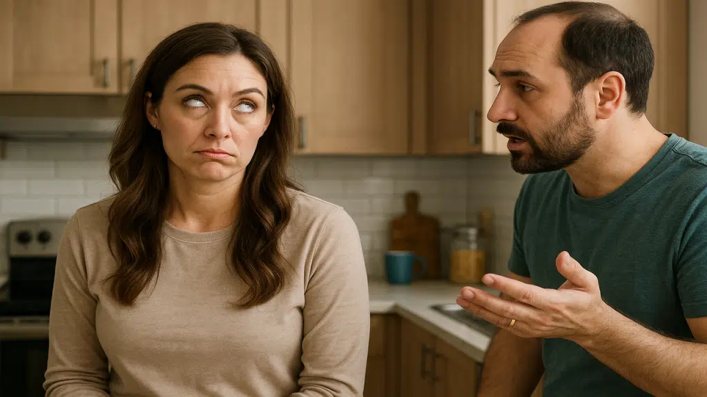 A woman rolling her eyes at her husband
