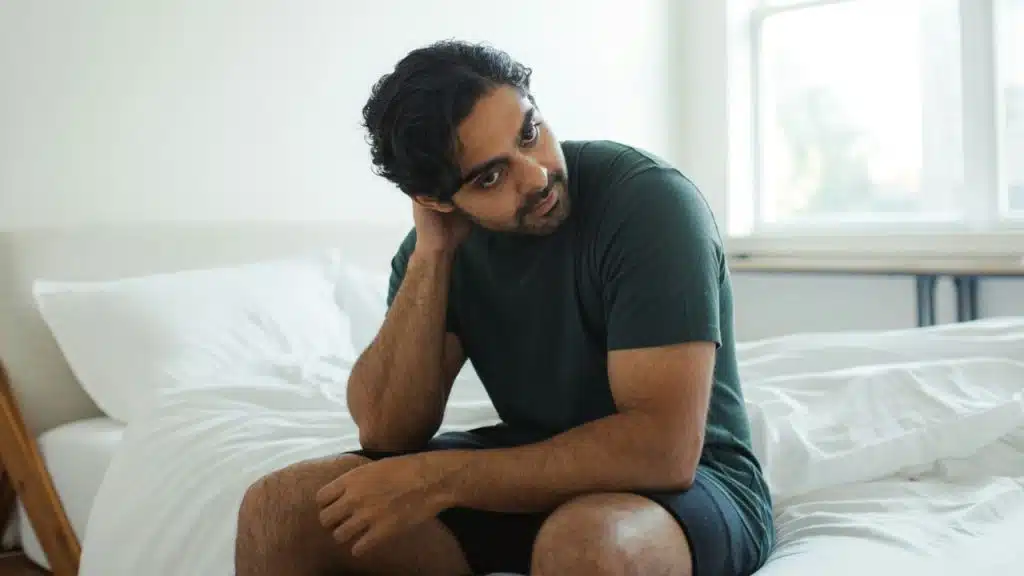 A serious man in a dark t-shirt and shorts sits on a bed with his hand behind his neck.