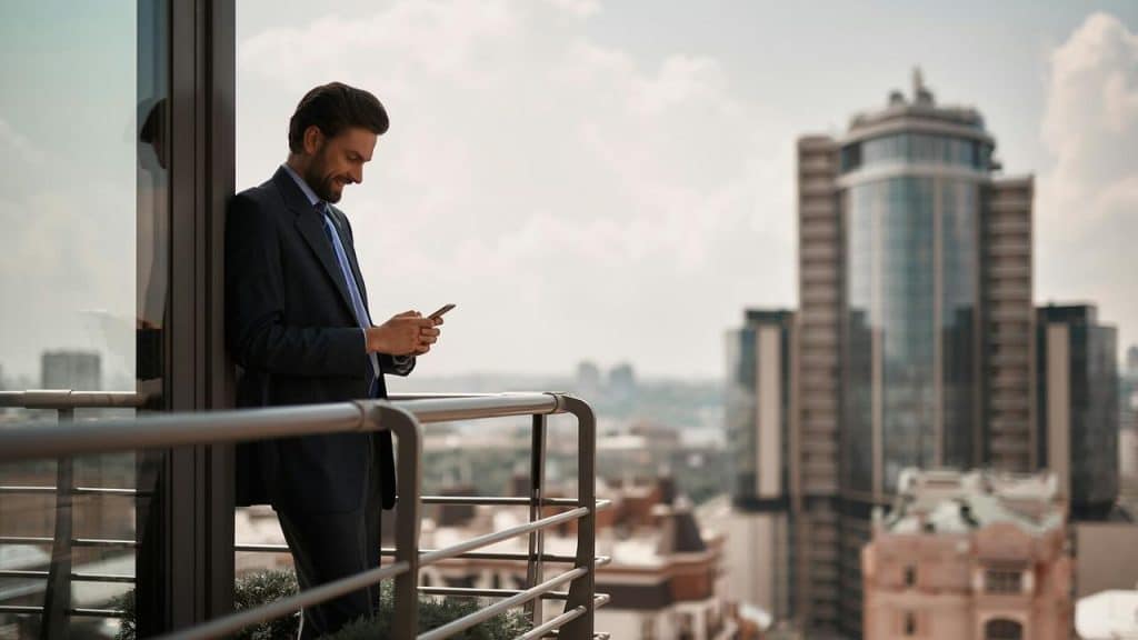 A man in a suit standing on a balcony using his smartphone.