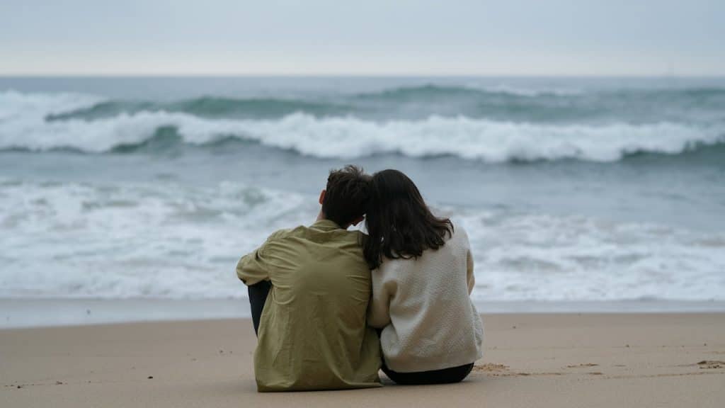 A couple sitting close together on a sandy beach, looking out at the ocean.
