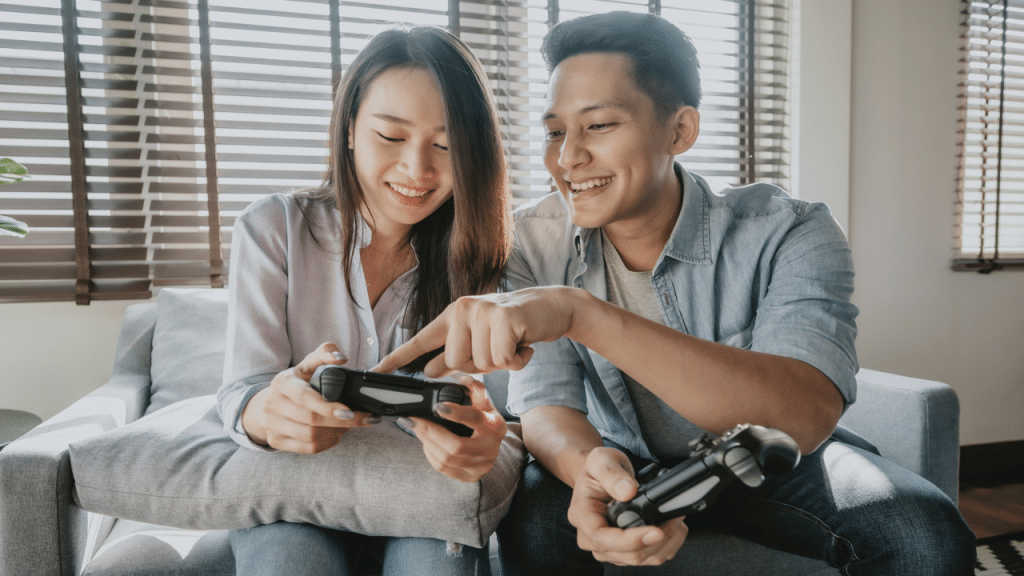 A couple playing a video game