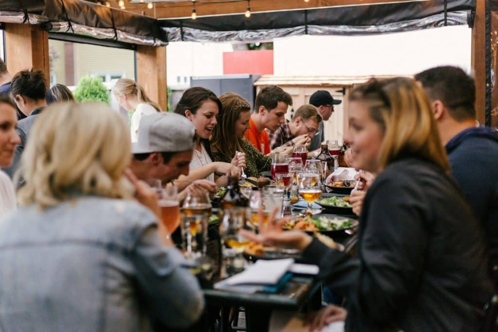 A family having dinner at a table.