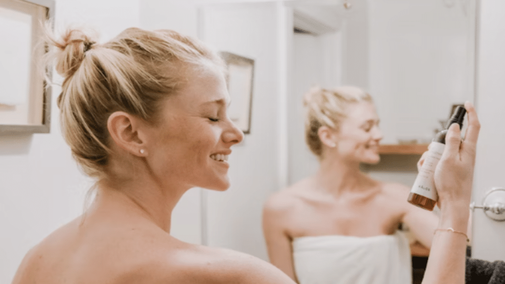 A woman doing her morning routine