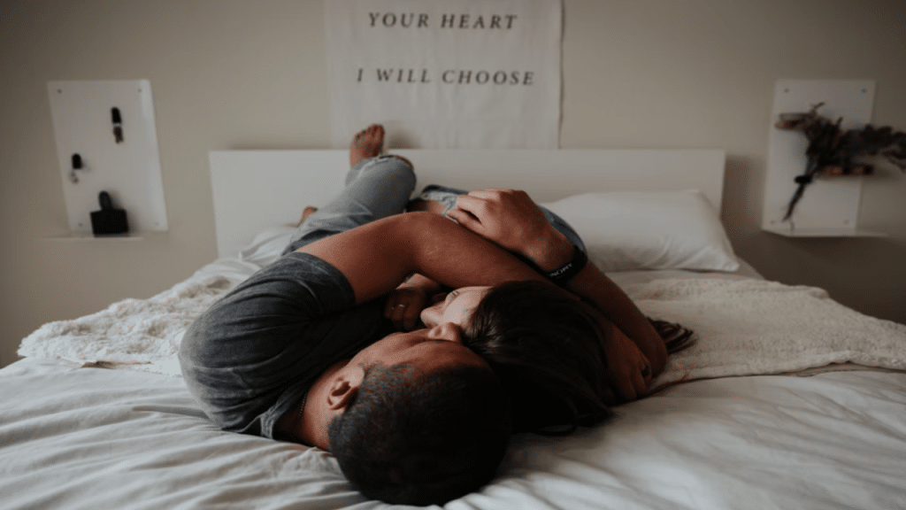 A couple cuddling at home