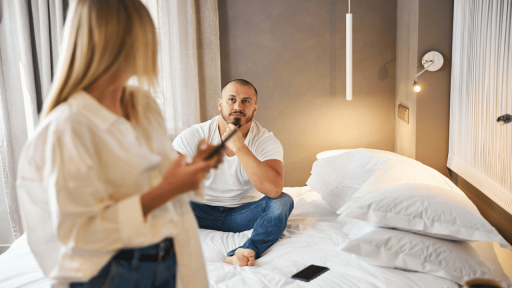 A man looking at his wife