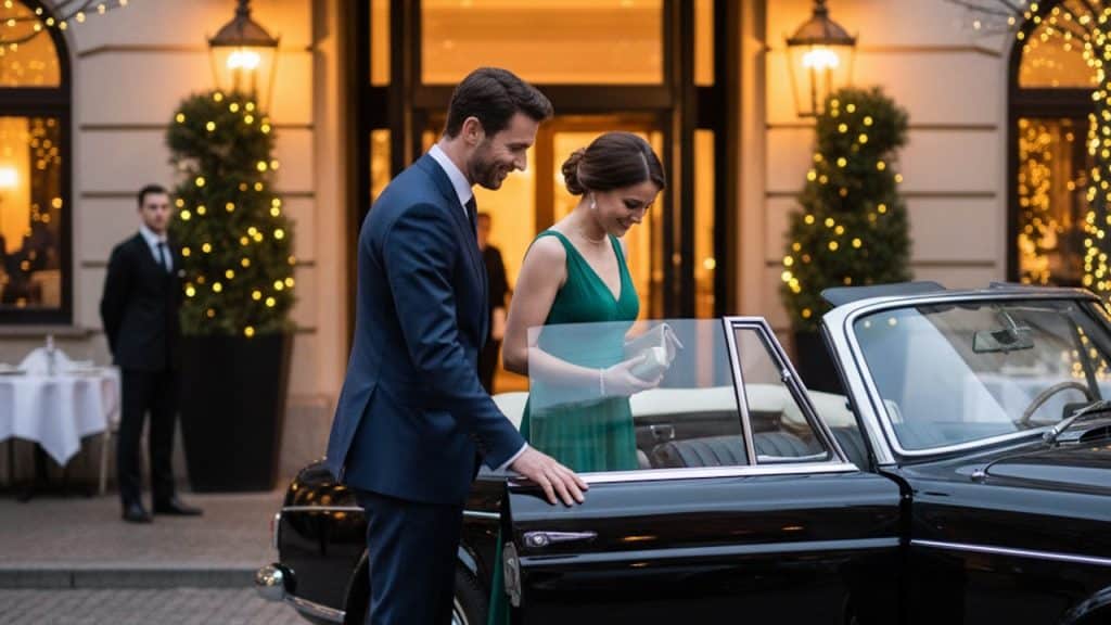 A man in a suit opening the door of a classic black convertible for a woman in a green dress outside a luxury building at night.