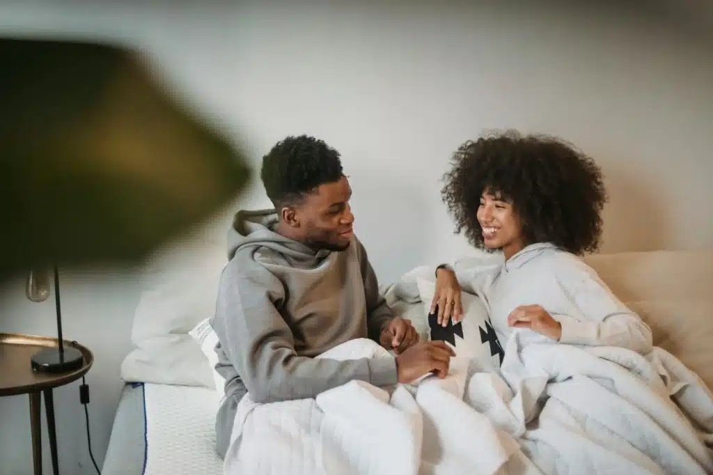 A man and woman talking
