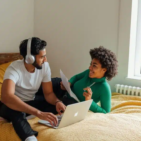 A man and woman at the bed working together