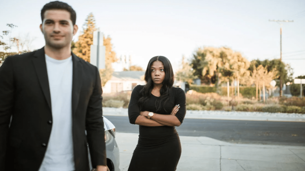 A woman looking upset at her husband