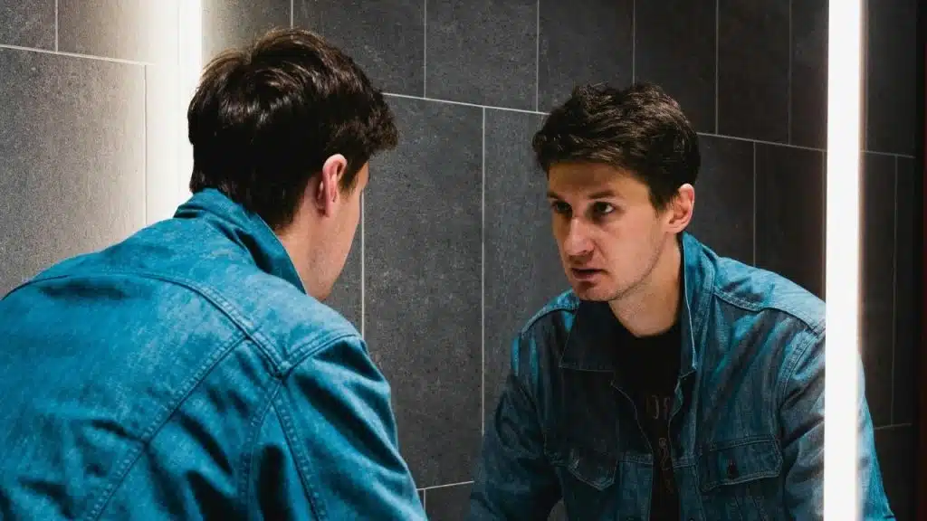 A man in a denim jacket stares intently at his reflection in a mirror.