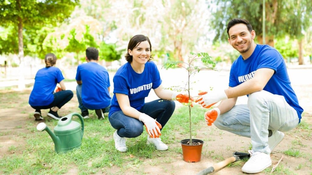 A man and woman, wearing blue "Volunteer" shirts and orange gloves, smiling at the camera while crouching down to plant a small tree.