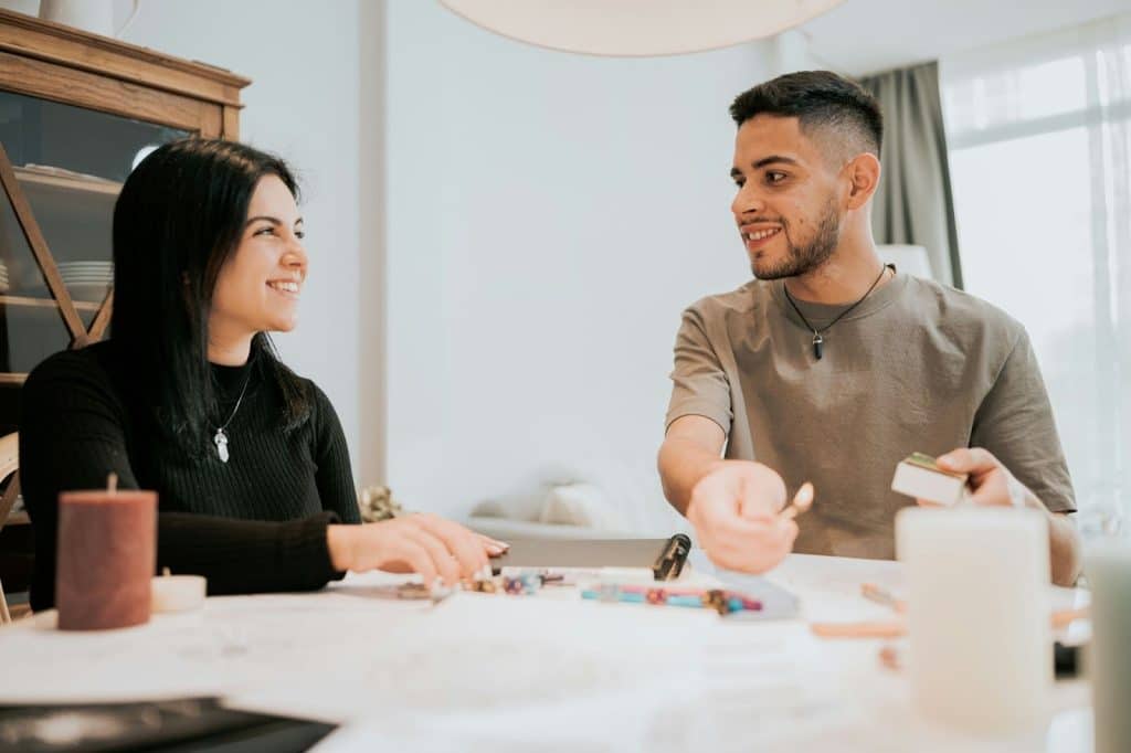 A man and woman talking