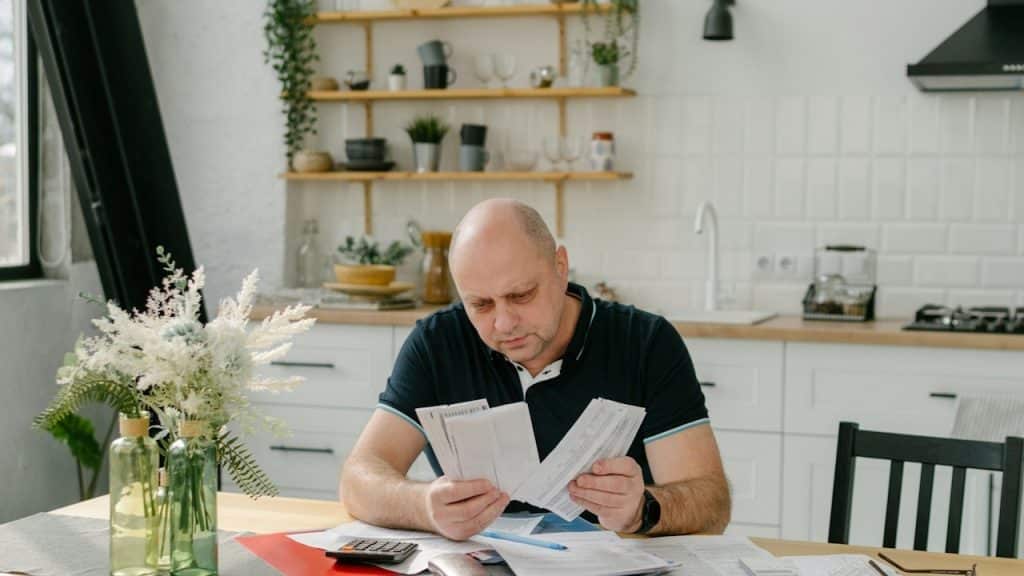 A man sitting at a table with papers and a calculator.