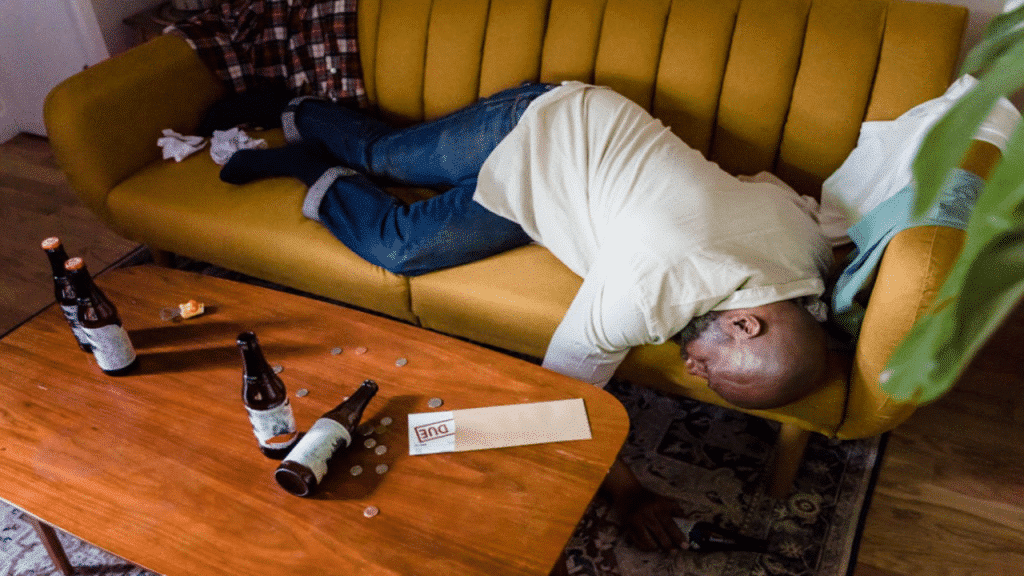 A man sleeping on the couch while drunk