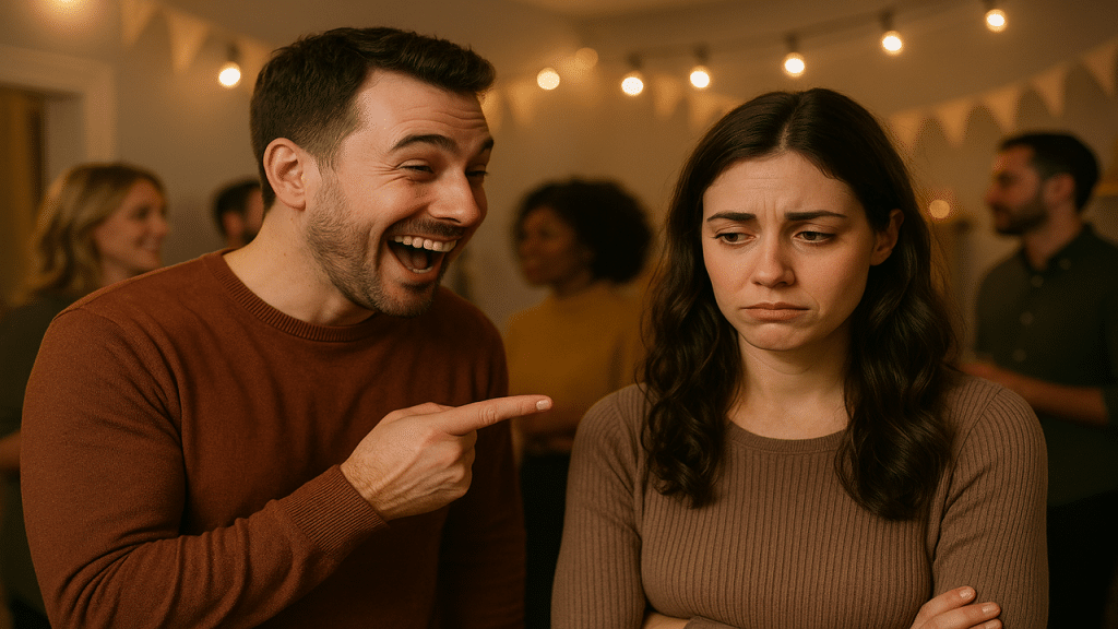 A man making fun of his wife at a party