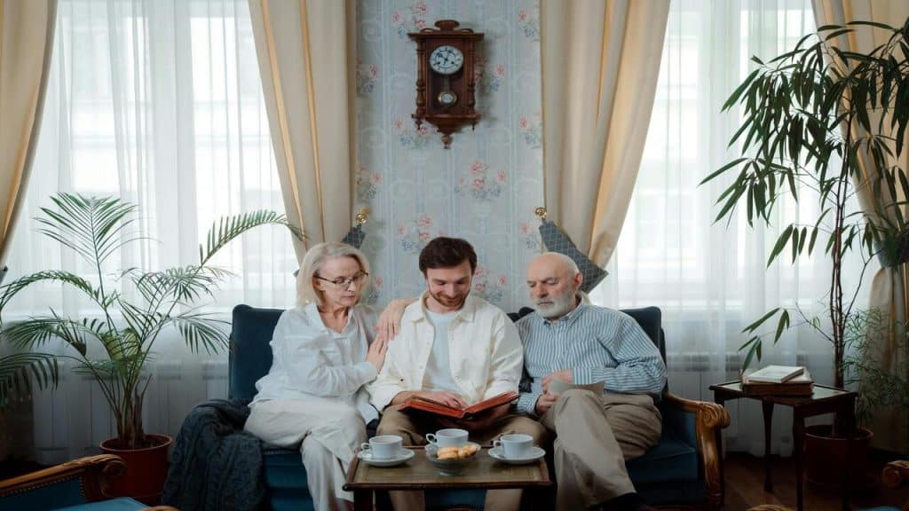 A family looking at a photo album