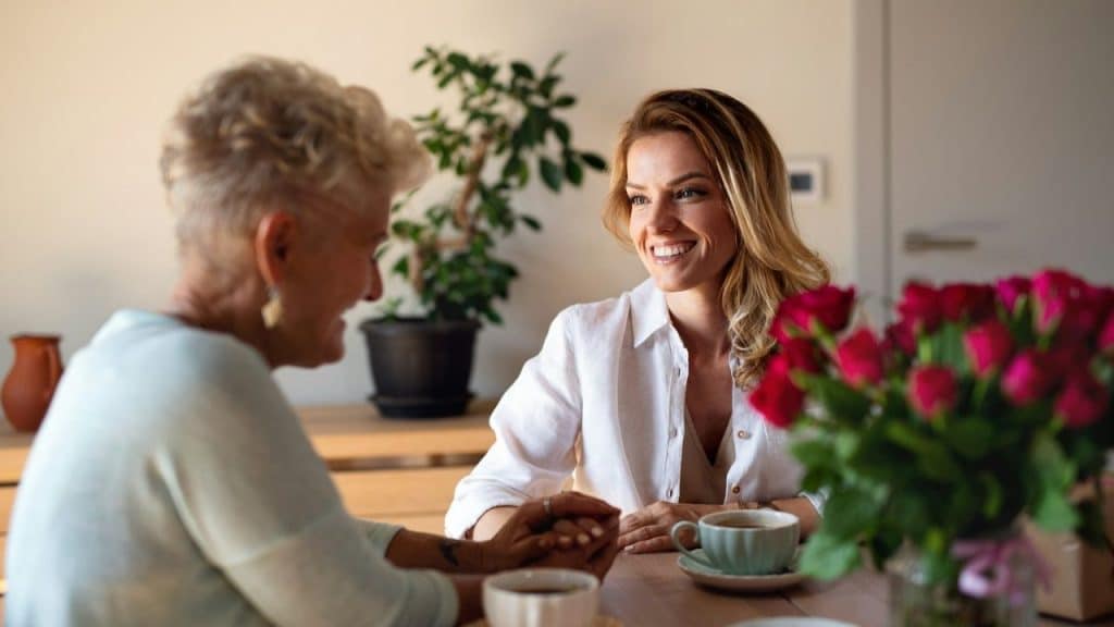 Two women, an older one with gray hair and a younger one with blonde hair, smiling at each other at a table.