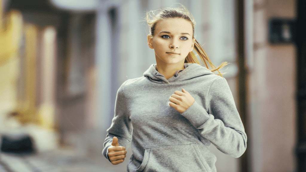 A woman running outdoors