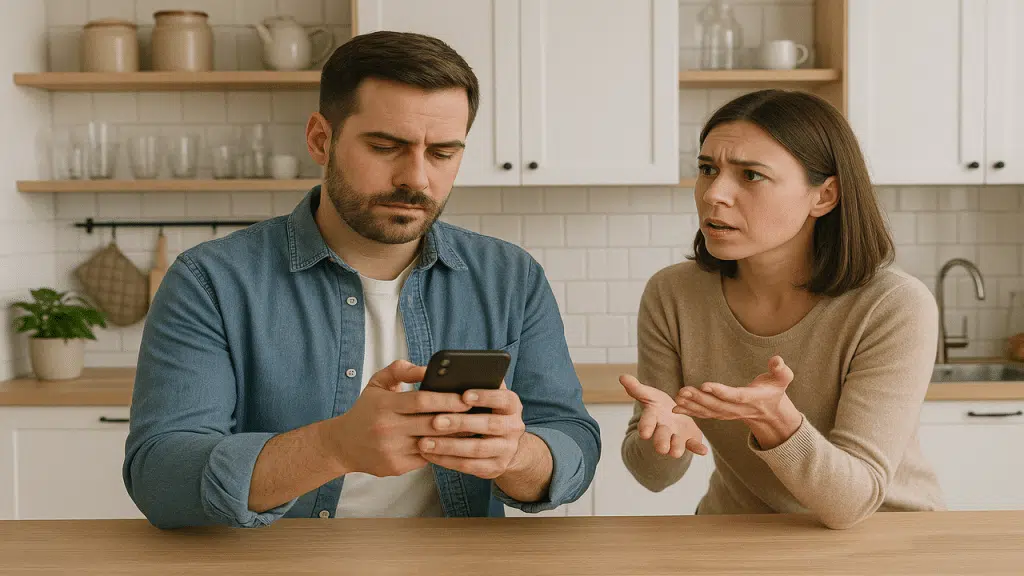 A man using his phone distractedly while his wife is talking to him