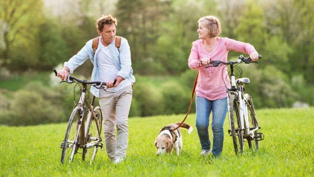 An older couple walks with their bicycles and a dog on a grassy field.