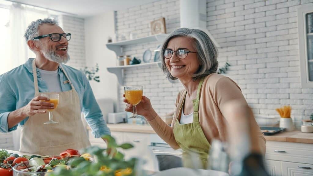 A mature couple laughing while preparing breakfast